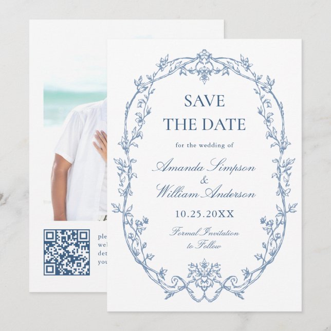 Viktorianisches Verziertes Blumendusty Blue Weddin Save The Date (Vorne/Hinten)