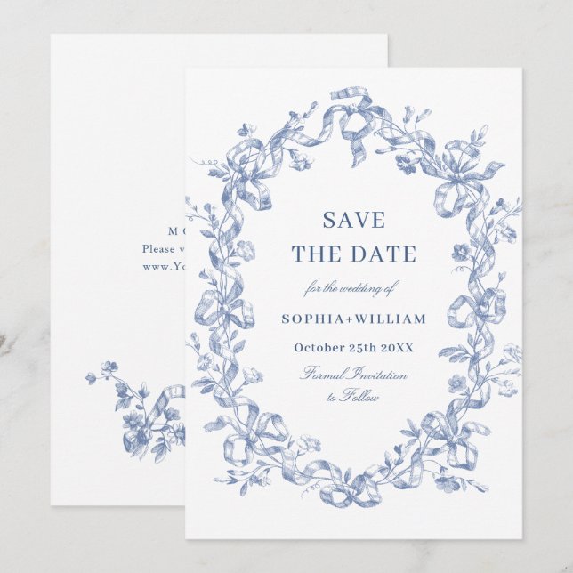 Viktorianisches Verziertes Grace Floral Blue Save  Save The Date (Vorne/Hinten)