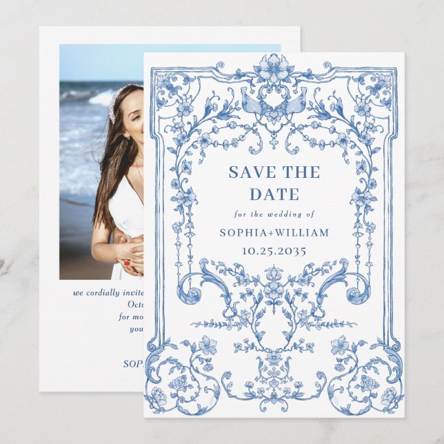 Viktorianisches Verziertes Grace Floral Blue Weddi Save The Date (Vorne/Hinten)