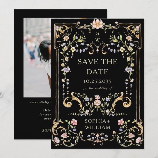 Viktorianisches Verziertes Grace Floral Frame Wedd Save The Date (Vorne/Hinten)