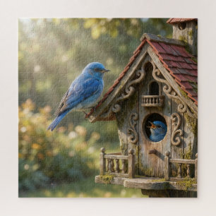 Viktorianisches Vogelhaus mit Blaumeisen