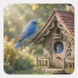 Viktorianisches Vogelhaus mit Blaumeisen Quadratischer Aufkleber