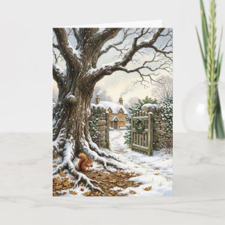 Viktorianisches Weihnachts-Cottage & Winter-Eichen Feiertagskarte