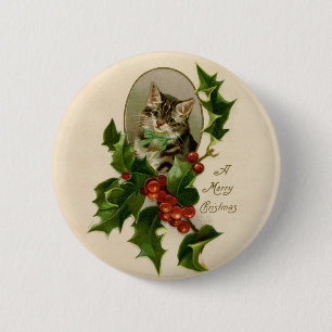 Viktorianisches Weihnachts-Kätzchen in Holly Antik Button