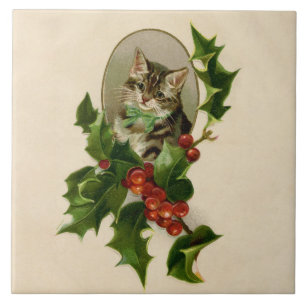 Viktorianisches Weihnachts-Kätzchen in Holly Antik Fliese