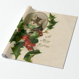 Viktorianisches Weihnachts-Kätzchen in Holly Antik Geschenkpapier