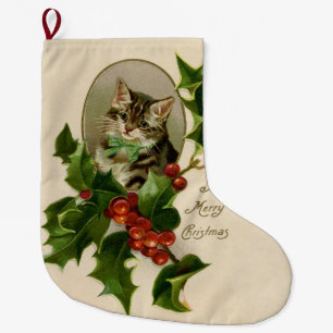 Viktorianisches Weihnachts-Kätzchen in Holly Antik Großer Weihnachtsstrumpf