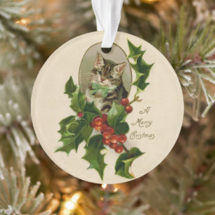 Viktorianisches Weihnachts-Kätzchen in Holly Antik Ornament