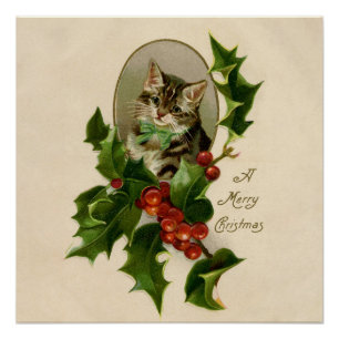 Viktorianisches Weihnachts-Kätzchen in Holly Antik Poster