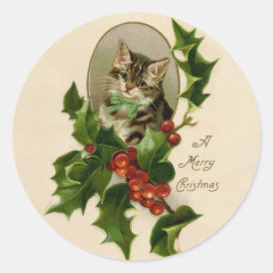 Viktorianisches Weihnachts-Kätzchen in Holly Antik Runder Aufkleber