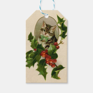 Viktorianisches Weihnachts-Kätzchen in Stechpalme  Geschenkanhänger