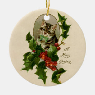 Viktorianisches Weihnachts-Kätzchen in Stechpalme Keramik Ornament