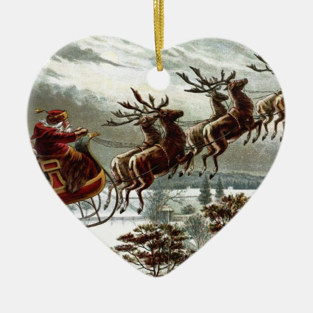 Viktorianisches | Weihnachtsmann Ren und Sleigh Keramik Ornament (Vorne)