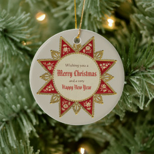 Viktorianisches Weihnachtsstern Gold rotes Keramikornament