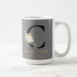 Viktorianisches weißes Floral-Gold Akzente Monogra Kaffeetasse