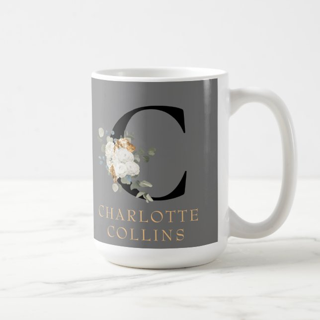Viktorianisches weißes Floral-Gold Akzente Monogra Kaffeetasse (Rechts)