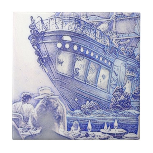 Viktorianisches Zeitalter Fantasy Sea Tiles Blau u Fliese (Vorderseite)