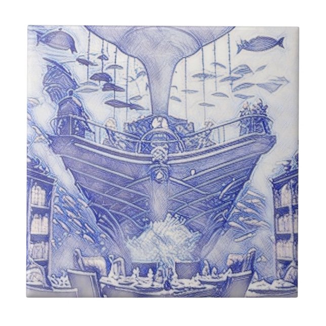 Viktorianisches Zeitalter Fantasy Sea Tiles Blau u Fliese (Vorderseite)