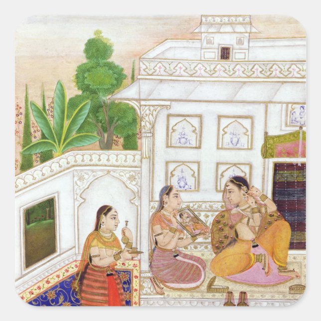 Vilaval Ragini: Frau auf ihrer Toilette Quadratischer Aufkleber (Vorderseite)