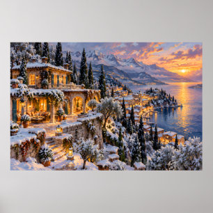 Villa au bord du lac enneigé Poster de peinture à