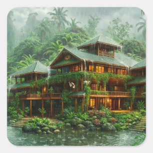 Villa des tropischen Regenwaldes Quadratischer Aufkleber