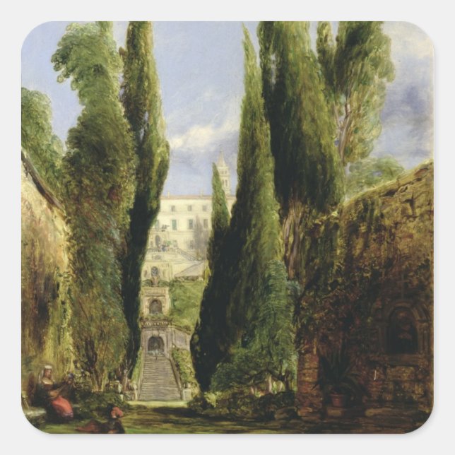 Villa D'Este, Tivoli (Öl auf Leinwand) Quadratischer Aufkleber (Vorderseite)