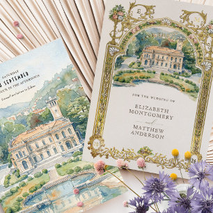 Villa Erba Lake Como Aquarell-Hochzeit Folieneinladung