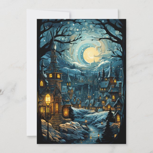 Village Bleu de Noël Art Carte de Voeux à plat pou (Devant)