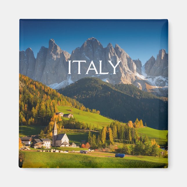 Village de Dolomites en automne carré texte aimant (Devant)