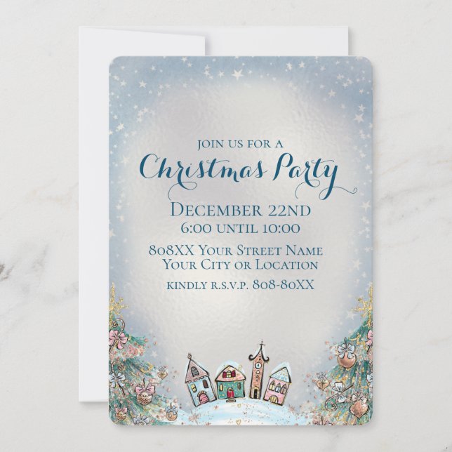 Village d'hiver et arbres de Noël Invitation (Devant)
