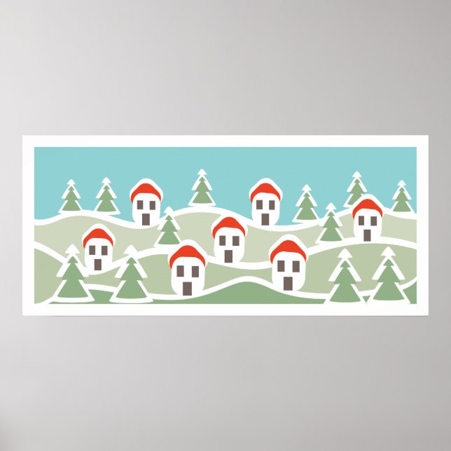 Village d'hiver, maisons à toits rouges affiche pe (Devant)