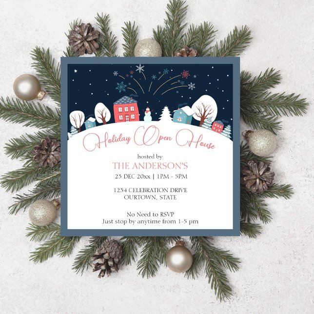 Village d'hiver vacances maison ouverte invitation (Winter village holiday open house party editable template invitation digital download cute houses)