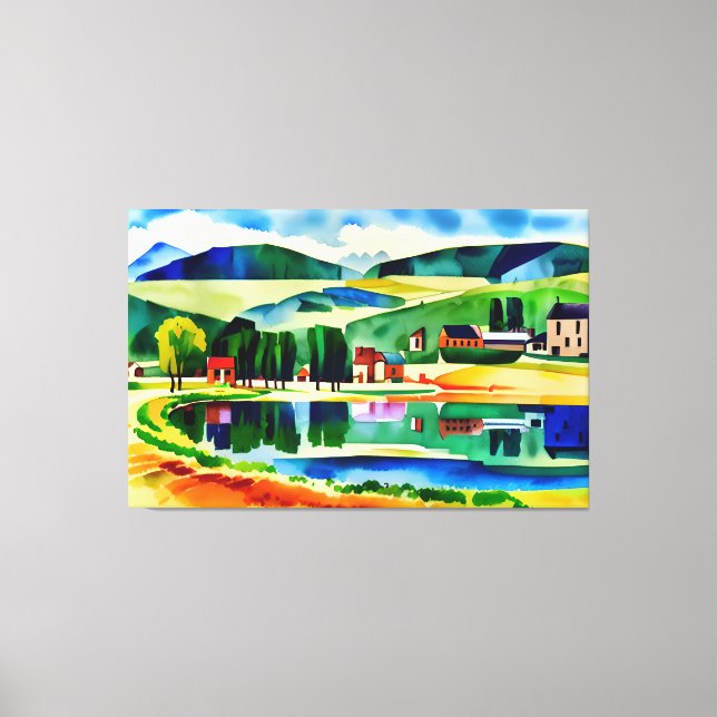 Village mit Blick auf den ruhigen Lago Canvas Prin Leinwanddruck (Vorderseite)