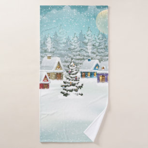Village Winterlandschaft mit schneebedeckten Häus Badehandtuch