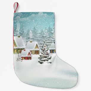 Village Winterlandschaft mit schneebedeckten Häuse Kleiner Weihnachtsstrumpf