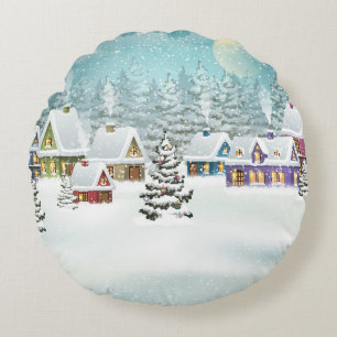 Village Winterlandschaft mit schneebedeckten Häuse Rundes Kissen