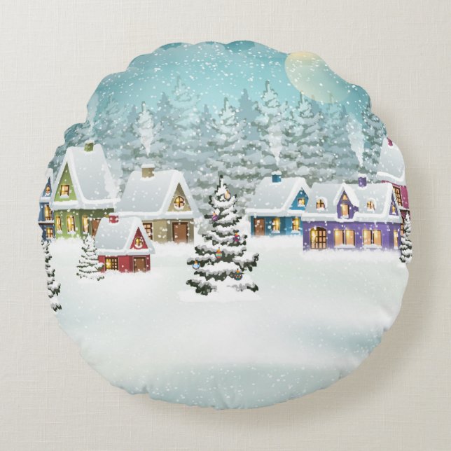 Village Winterlandschaft mit schneebedeckten Häuse Rundes Kissen (Vorderseite)