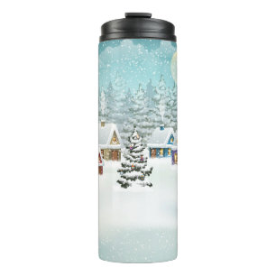 Village Winterlandschaft mit schneebedeckten Häuse Thermosbecher