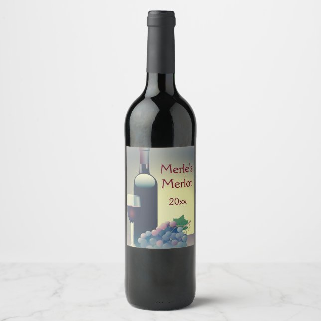 Vin Bouteille et raisins Design Étiquette à vin (Devant)
