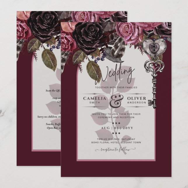 Vin de Bourgogne Floral Mariage Automne INVITATION (Devant / Derrière)