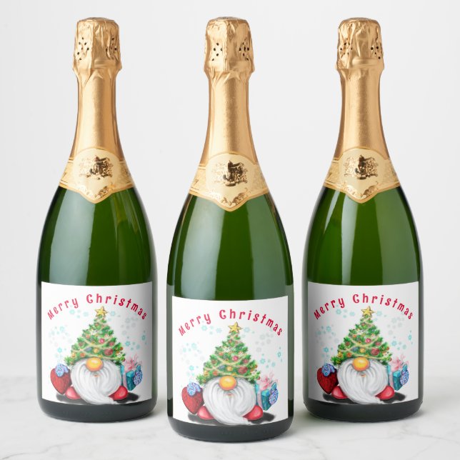 Vin de Noël étincelant Étiquette Gnome avec cadeau (Bouteilles)