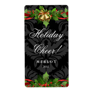 Vin de Noël Étiquette Holly Gold Bells Damask Blac