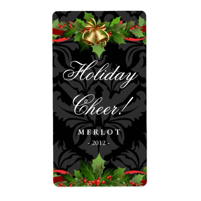 Vin de Noël Étiquette Holly Gold Bells Damask Blac (Devant)