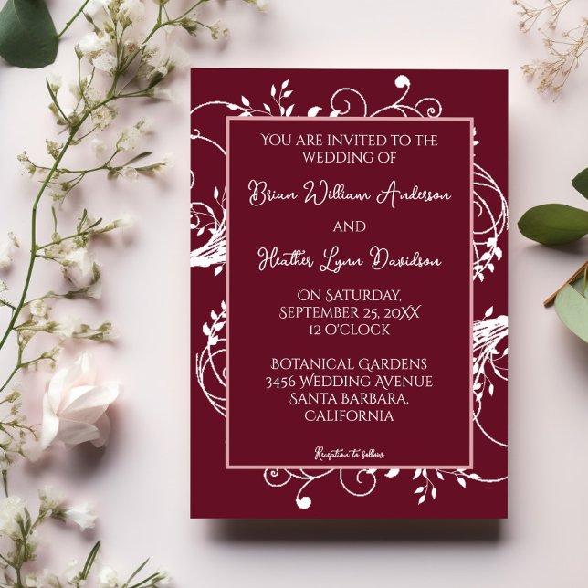 Vin Faire-part de mariage rouge (Wine Red Flourish Wedding Invitation)