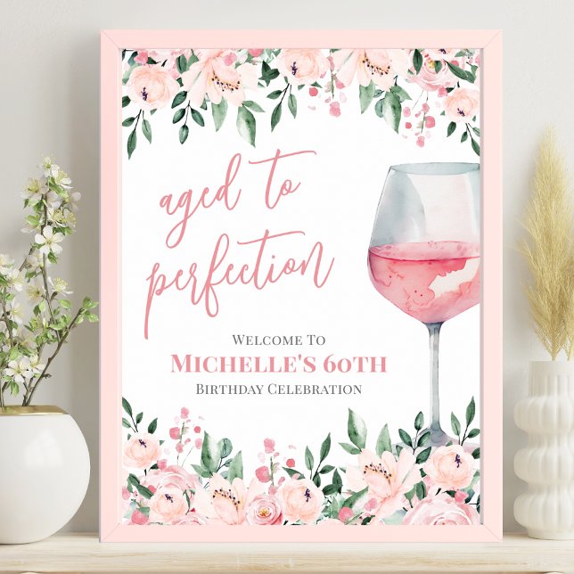 Vin Floral Anniversaire Affiche de bienvenue de fê (Wine Floral Birthday Party Welcome Sign )
