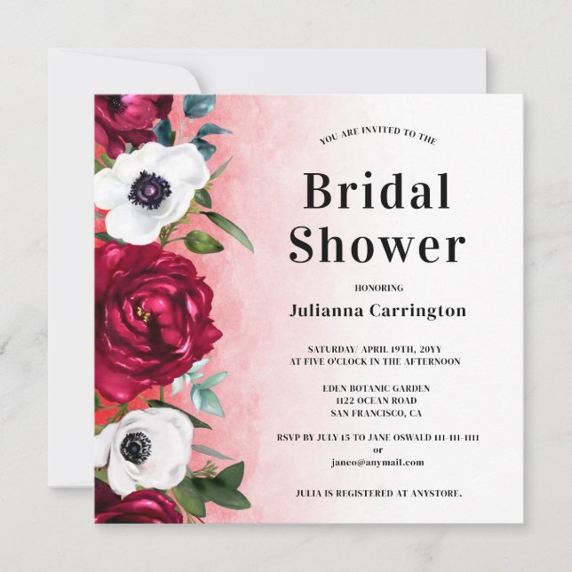 Vin Rouge Floral Carré Douche nuptiale Invitation (Devant)