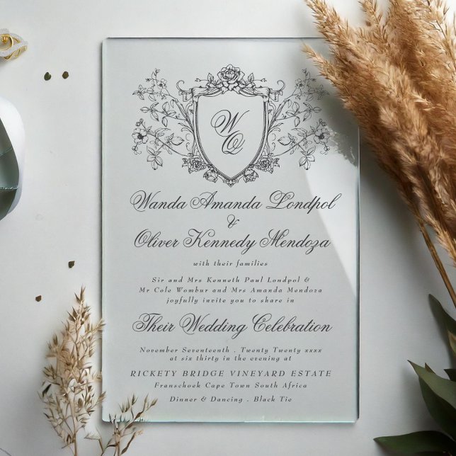 Vinatage Floral Wappen Creme Charcoal Hochzeit Acryleinladungen (Von Creator hochgeladen)