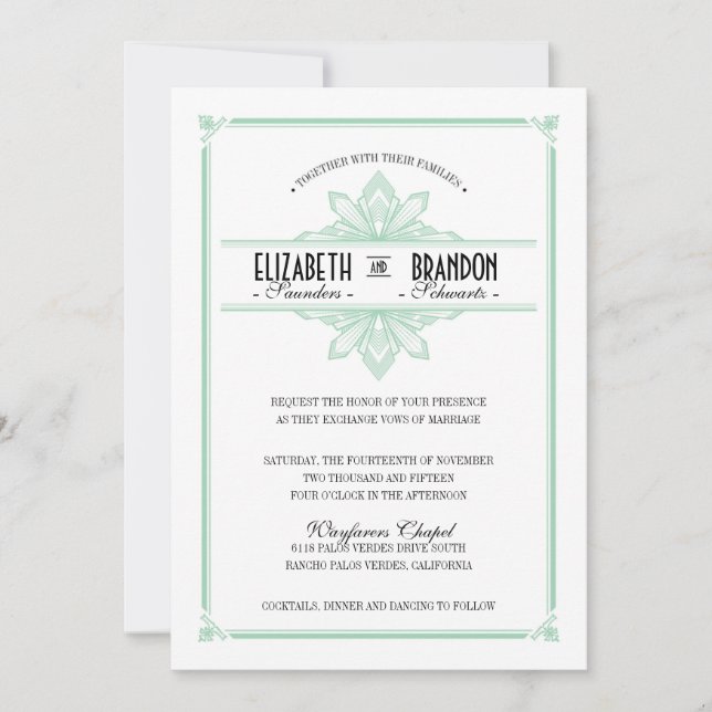 Vinatge Deko Mint & Black Wedding Einladung (Vorderseite)