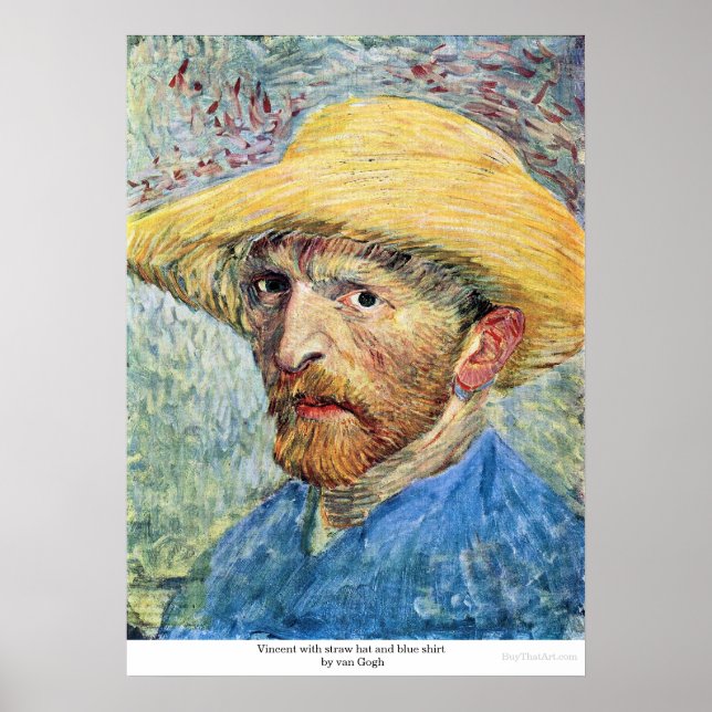 Vincent mit Strohhut und blaues Shirt von van Gogh Poster (Vorne)