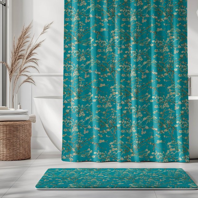 Vincent Van Gogh Almond Blossom on Teal Blue Duschvorhang (Von Creator hochgeladen)